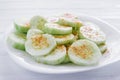 Pepinos con chile, Slices of cucumbers and chili, mexican snack, spicy food in mexico