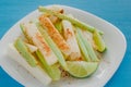 Pepinos and jicama con chile, cucumber and jicamas with chili mexican snack spicy food in mexico