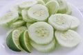 Pepinos, Slices of pepinos, Slices of cucumbers and lemon, mexican snack