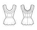 Peplum blouse technical fashion illustration with 2 layers of ruffles along the diamond neckline, back zip fastening.