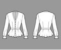 Peplum blouse technical fashion illustration with, V-neckline, baseball collar, romantic sleeves, pleated hem, fitted.