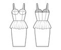Peplum bustier dress technical fashion illustration with shoulder straps, cups, fitted body, knee length skirt apparel