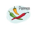Pepper icon. Half and full spice pepper isolated on white background with lettering Chily Pepper Vegetable stylish drawn symbol