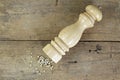 Pepper mill on wooden background Royalty Free Stock Photo