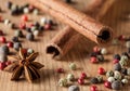 Pepper mix, cinnamon, truestar on wooden background Royalty Free Stock Photo