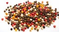 Pepper mix. Heap of black, red, white and allspice peppercorns on white background. Generative AI