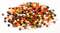 Pepper mix. Heap of black, red, white and allspice peppercorns on white background. Generative AI