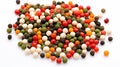 Pepper mix. Heap of black, red, white and allspice peppercorns on white background. Generative AI