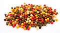 Pepper mix. Heap of black, red, white and allspice peppercorns on white background. Generative AI