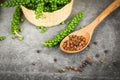 Peppercorns on basket and dark background - fresh green peppercorn and black pepper seed for ingredients cuisine thai food herbs