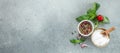 peppercorns and sea salt on a dark background, Long banner format. top view Royalty Free Stock Photo