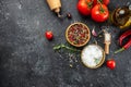 peppercorns and sea salt on a lifgt background, Long banner format. top view Royalty Free Stock Photo