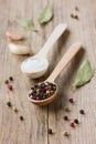 Peppercorns, sea salt in a wooden spoon with garlic Royalty Free Stock Photo