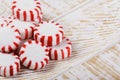 Peppermint Candies isolated on white wooden background with copy space