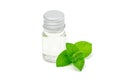Peppermint essential oil in glass and fresh mint on background, isolated