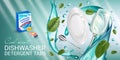 Peppermint fragrance dishwasher detergent tabs ads. Vector realistic Illustration with dishes in water splash and mint leafs. Hori