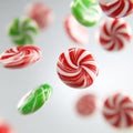 peppermint hard candies red, white, green with swirl pattern, captured mid-air in dynamic, zero-gravity composition with soft Royalty Free Stock Photo