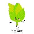 Peppermint. Spicy greens. Aromatic herbs. Cartoon cute food characters. Vegetables dance