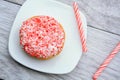 Peppermint stick dough nut on plate Royalty Free Stock Photo