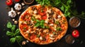 Pepperoni mushroom pizza topped with fresh basil and served on a wooden tray, close-up view from above, black stone Royalty Free Stock Photo