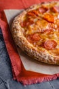 Pepperoni pizza closeup with selective focus Royalty Free Stock Photo