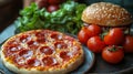 A pepperoni pizza, hamburger, lettuce, and cherry tomatoes on a table Royalty Free Stock Photo