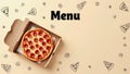 Pepperoni pizza in open box on decorative menu background Royalty Free Stock Photo