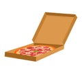 Pepperoni pizza in open cardboard box. Detailed food delivery concept vector illustration