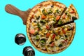 Pepperoni pizza on plain background, Top view of delicious and crispy vegetarian pizza Margherita on plain light background