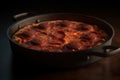 Pepperoni pizza with salami and mozzarella cheese in a frying pan on a dark background Ai Generative