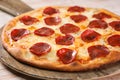 pepperoni pizza served in cutting board isolated on background top view of fast food