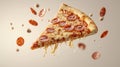 Pepperoni pizza slice with cheese pull, floating toppings, and dynamic presentation
