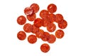 Pepperoni Slices on white. Ingredients for meat pizza. Royalty Free Stock Photo