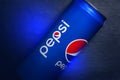 Pepsi cola. Can of Pepsi close-up. Pepsi in a tin can. Soft drink from the world brand Pepsi. Shallow depth of field. Ukraine.