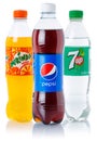 Pepsi Cola 7 up Mirinda lemonade soft drinks in plastic bottles isolated