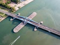 Aerial view boat move at Prai River Swing Bridge.