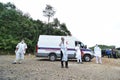 Perak, Malaysia - Oktober 25,2020 : Malaysian Paramedics Responded An Emergency Case in Rural Place In Perak using Ambulance