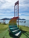 Colorful stairs decoration in Marina island jetty complex.