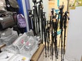 Various type of big and small photography tripods on displayed and sale at N4 Camera stor Royalty Free Stock Photo