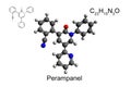 Chemical formula, structural formula and 3D ball-and-stick model of anti-epileptic medication perampanel, white background