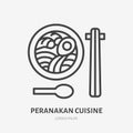 Peranakan cuisine flat line icon. Vector thin sign of noodle soup with food sticks, asian cafe logo. Japanese lunch