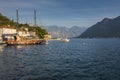 Perast, Montenegro - 09/22/2018: View of Perast Montenegro and the Bay of Kotor at early autumn, lit up by the sunset. Cityscape