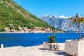 Perast old town, view from the pier of the Our Lady on the rock island, Kotor, Montenegro