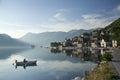 Perast village in the bay of kotor in montenegro with fjord and fisherman
