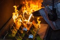 perator pouring molten metal in automatic casting line in foundry factory Royalty Free Stock Photo