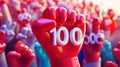 The percent on cheering on its friends from the sidelines holding a giant foam finger with the number 100 on it