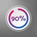 90 percent circle chart, isolated symbol on grey background. Vector gradient element. Percentage Infographic sign. Icon for
