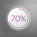 70 percent circle chart symbol. Vector red blue gradient element. Infographic sign on gray dotted background. Illustration, icon