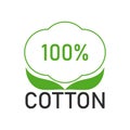 100 percent cotton fabric. Linear vector label and icon on blank background. Isolated drawing.