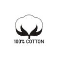 100 percent cotton fabric. Vector label and icon on blank background. Isolated black and white silhouette.